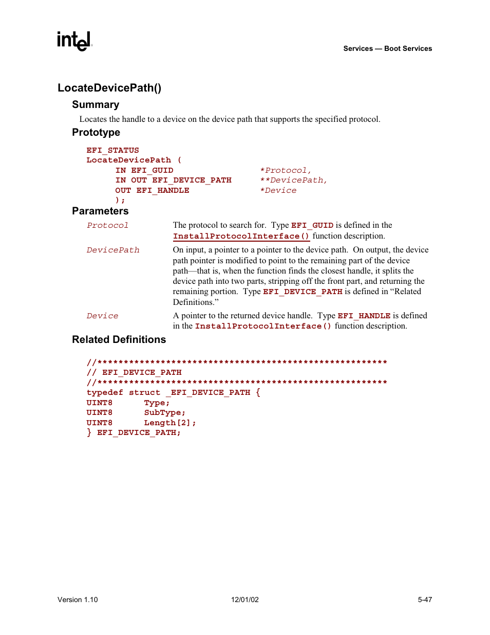 Locatedevicepath(), Device_path, Device_path protocol | Intel Extensible Firmware Interface User Manual | Page 145 / 1084