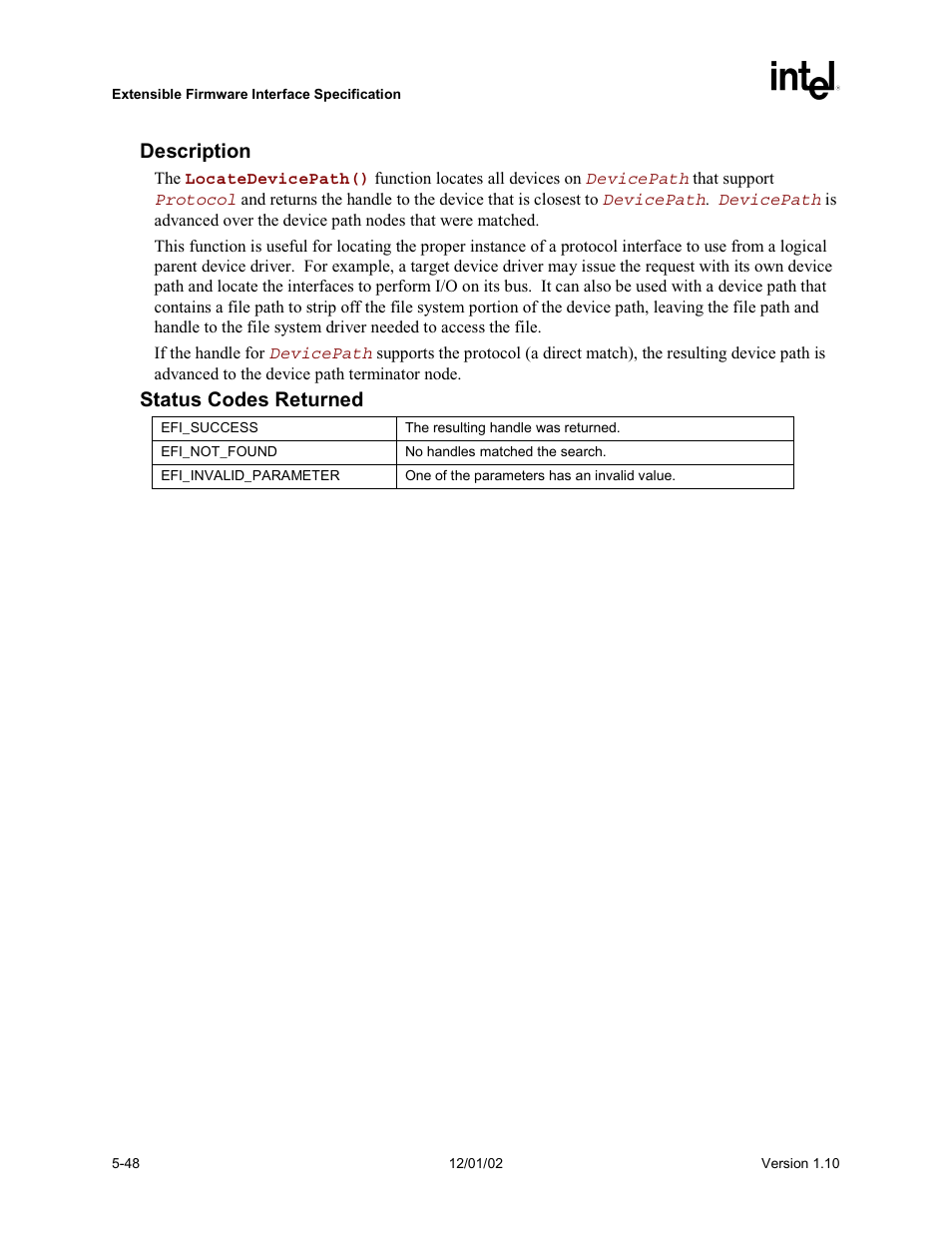 Description, Status codes returned | Intel Extensible Firmware Interface User Manual | Page 146 / 1084