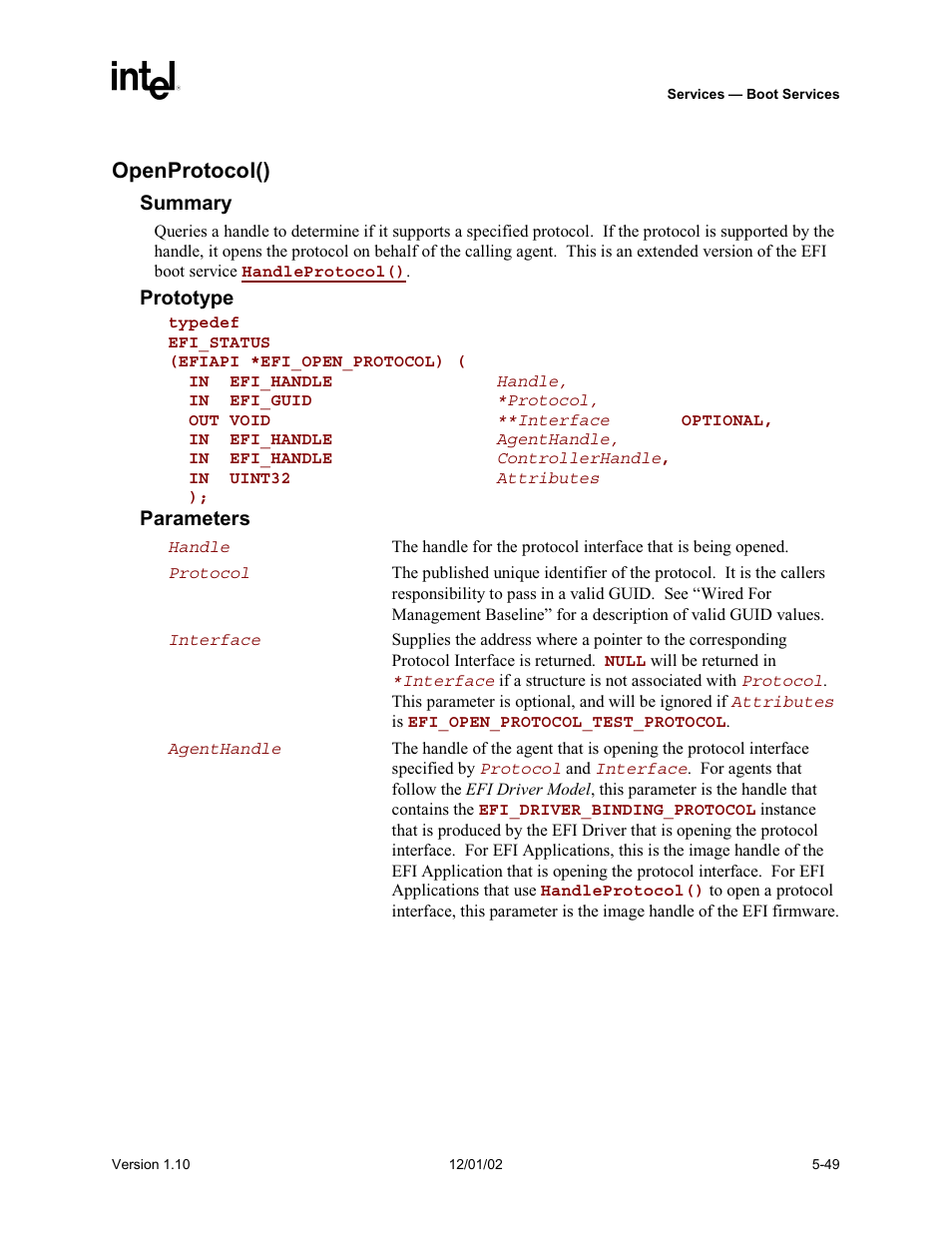 Openprotocol(), Stop(), Functions of th | Intel Extensible Firmware Interface User Manual | Page 147 / 1084