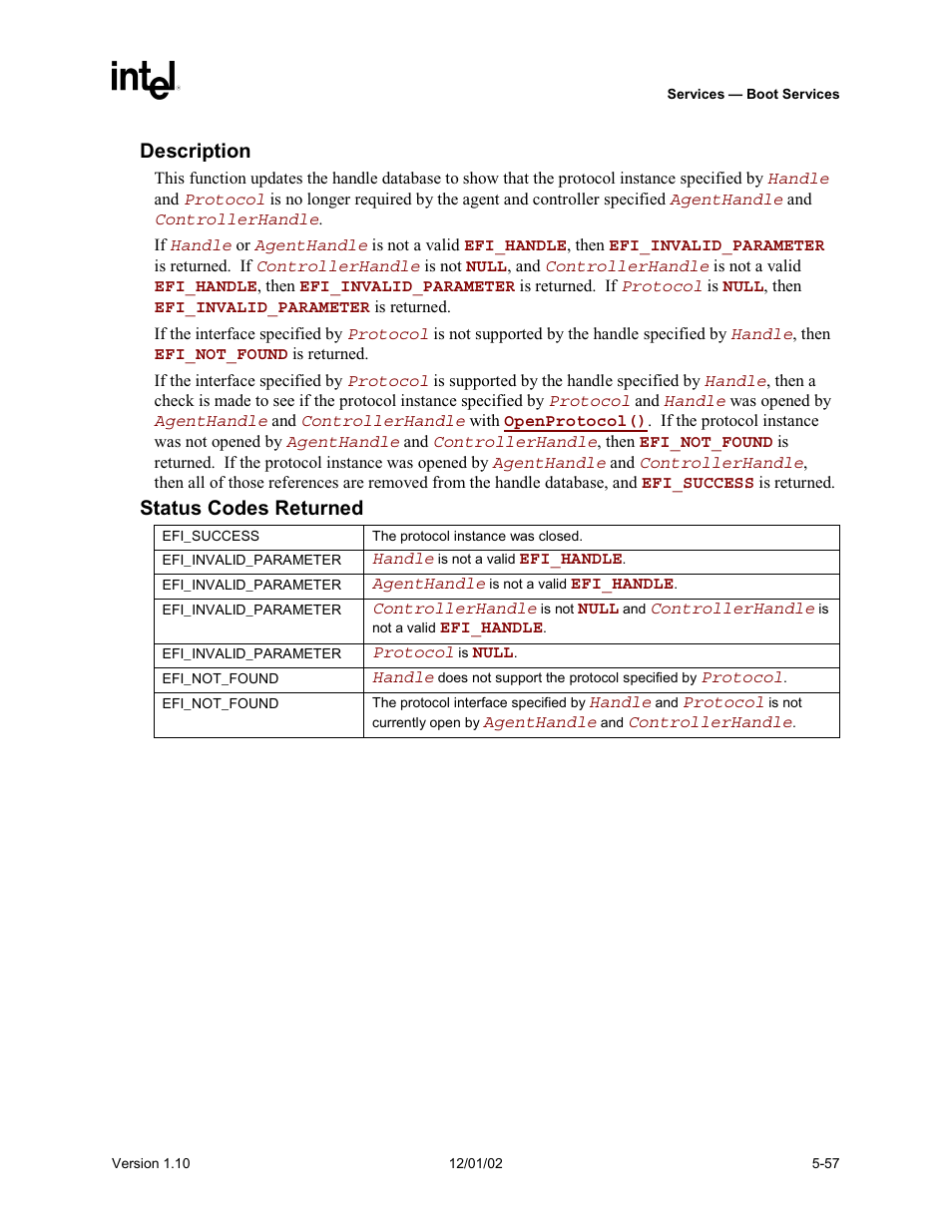 Description, Status codes returned | Intel Extensible Firmware Interface User Manual | Page 155 / 1084