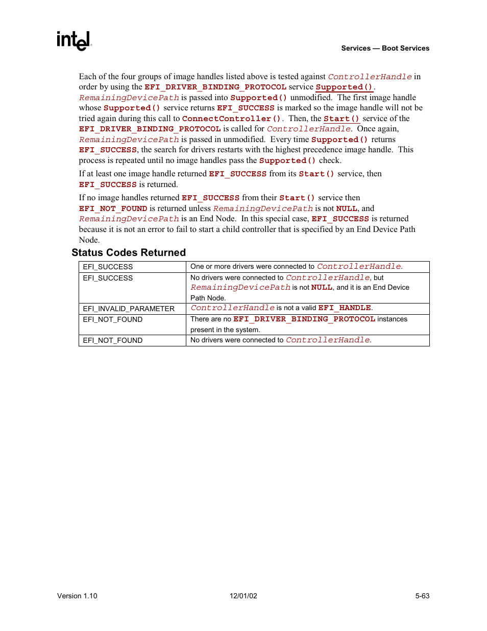 Status codes returned | Intel Extensible Firmware Interface User Manual | Page 161 / 1084