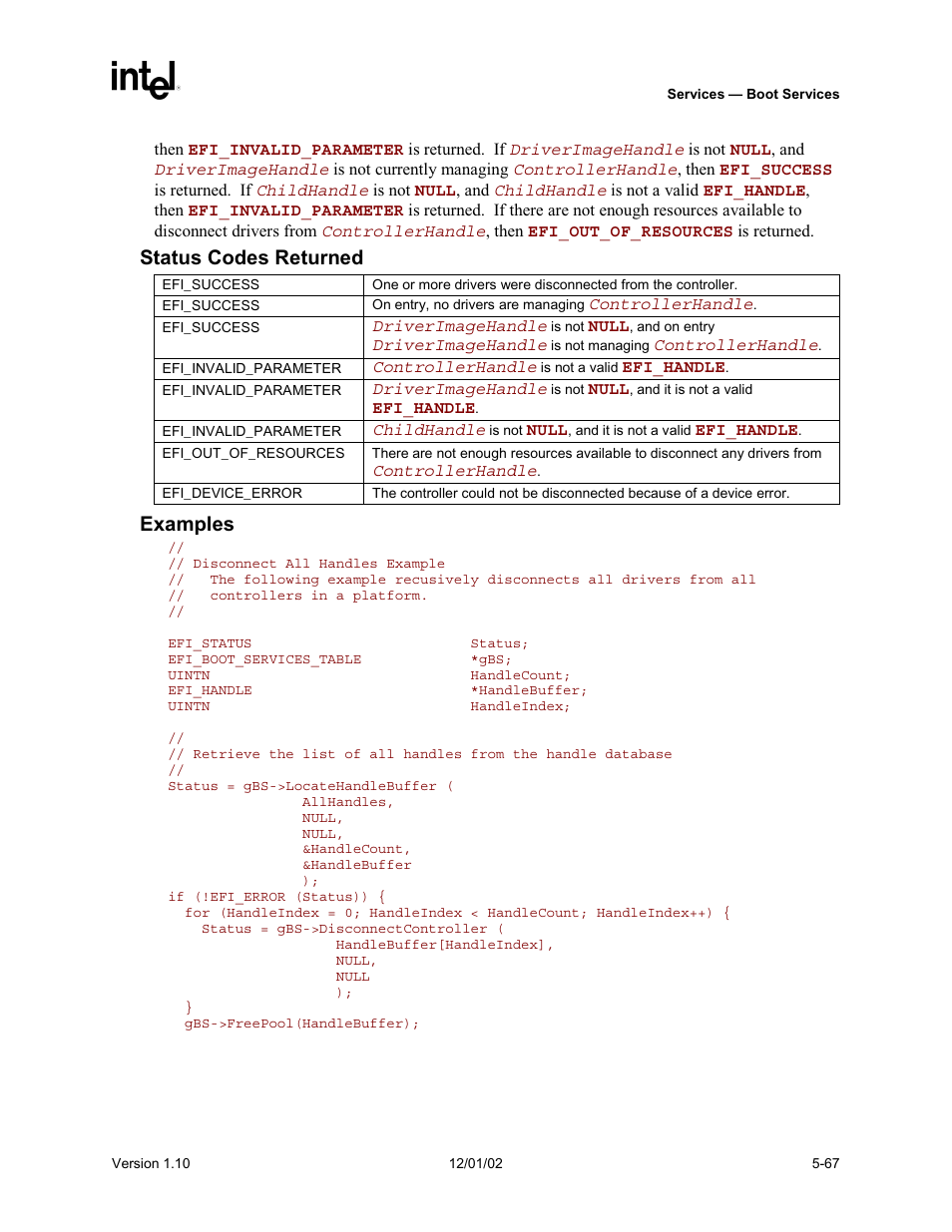 Status codes returned, Examples | Intel Extensible Firmware Interface User Manual | Page 165 / 1084