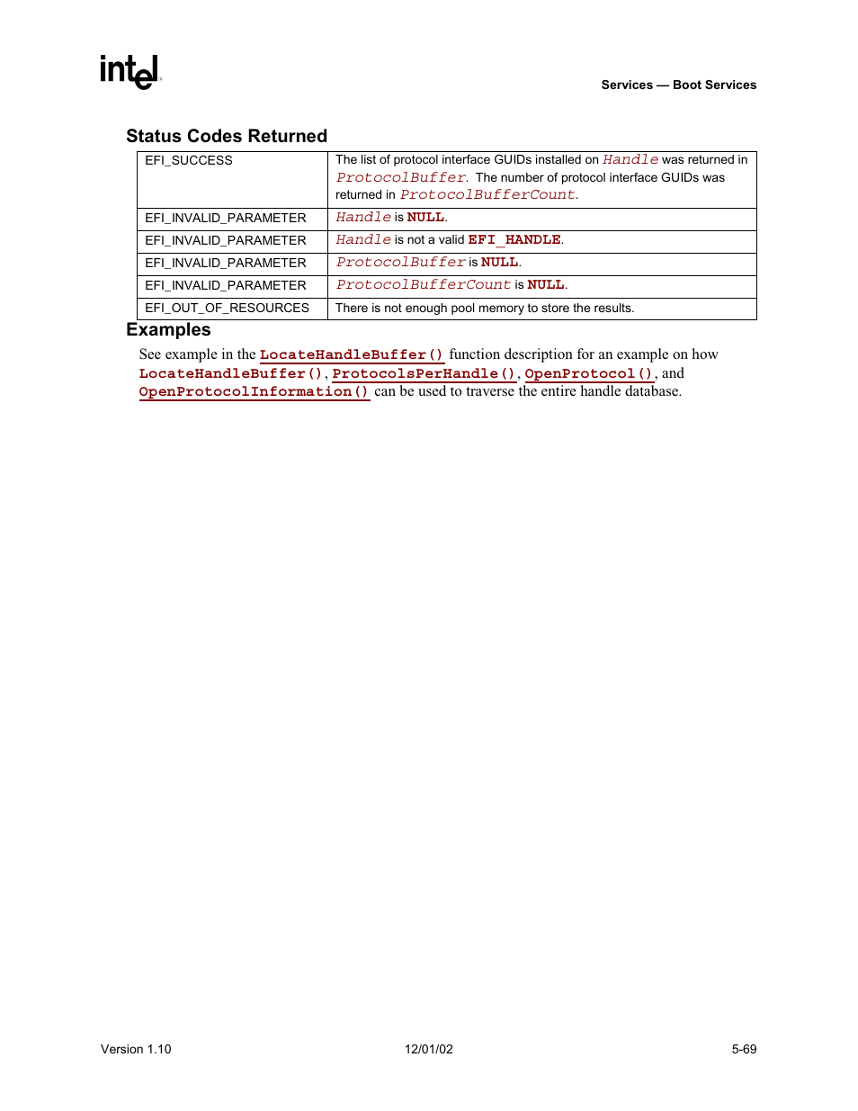 Status codes returned, Examples | Intel Extensible Firmware Interface User Manual | Page 167 / 1084