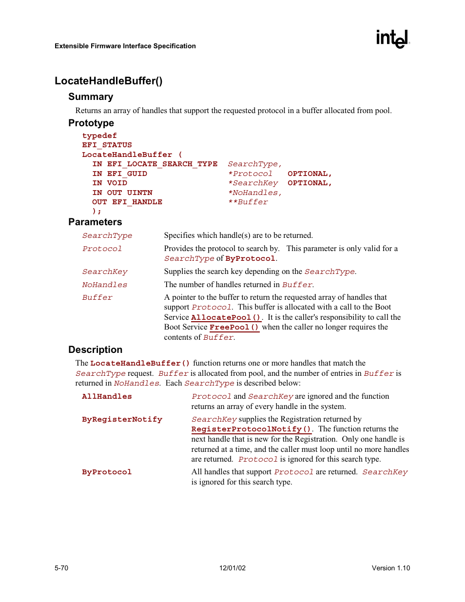 Locatehandlebuffer() | Intel Extensible Firmware Interface User Manual | Page 168 / 1084