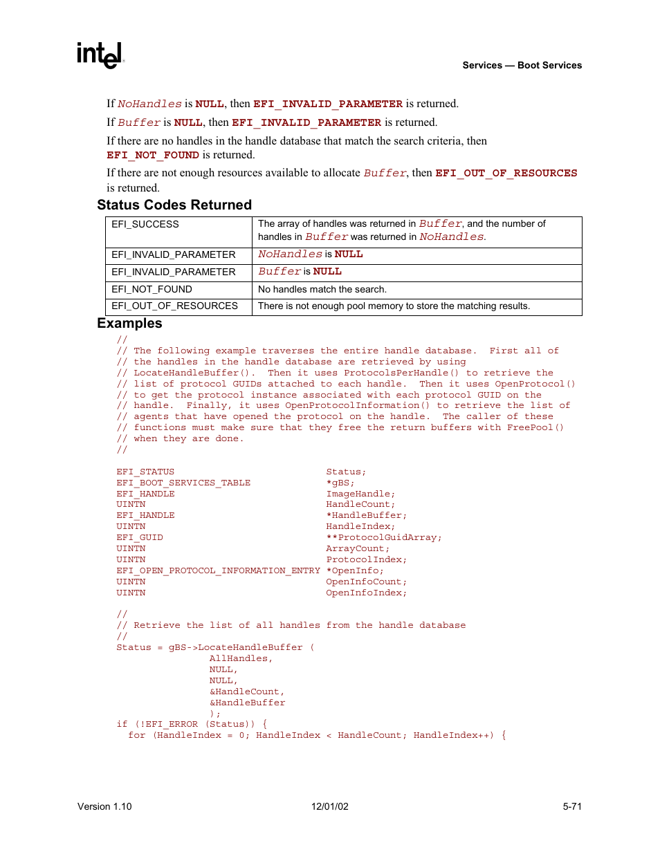Status codes returned, Examples | Intel Extensible Firmware Interface User Manual | Page 169 / 1084