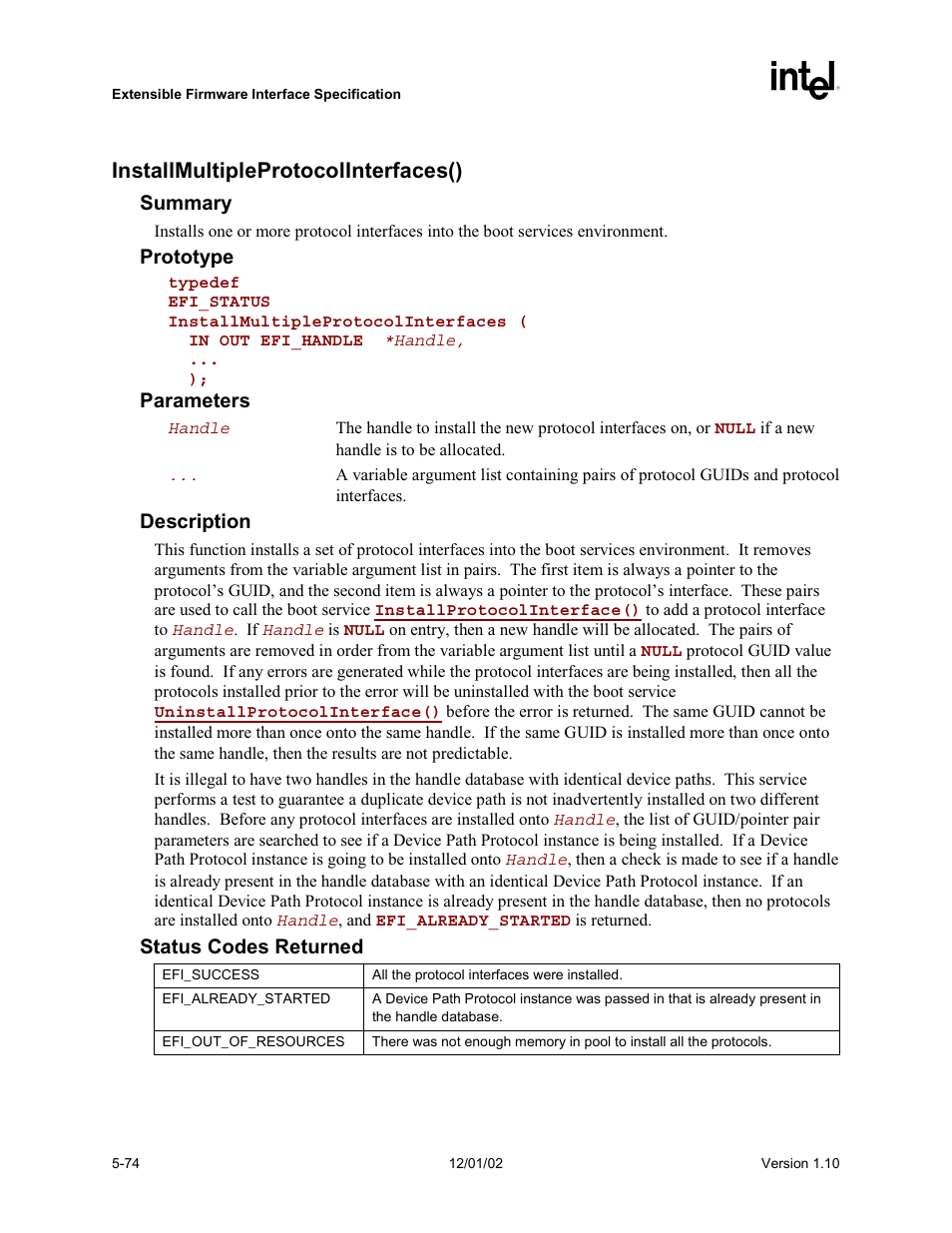 Installmultipleprotocolinterfaces() | Intel Extensible Firmware Interface User Manual | Page 172 / 1084