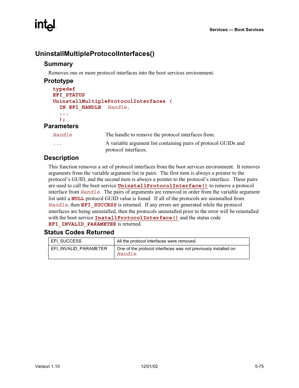 Uninstallmultipleprotocolinterfaces() | Intel Extensible Firmware Interface User Manual | Page 173 / 1084