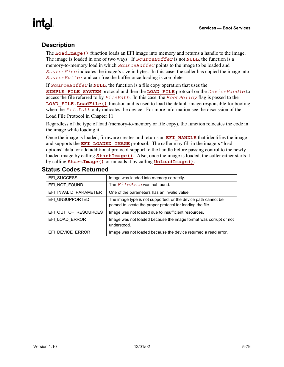 Description, Status codes returned | Intel Extensible Firmware Interface User Manual | Page 177 / 1084