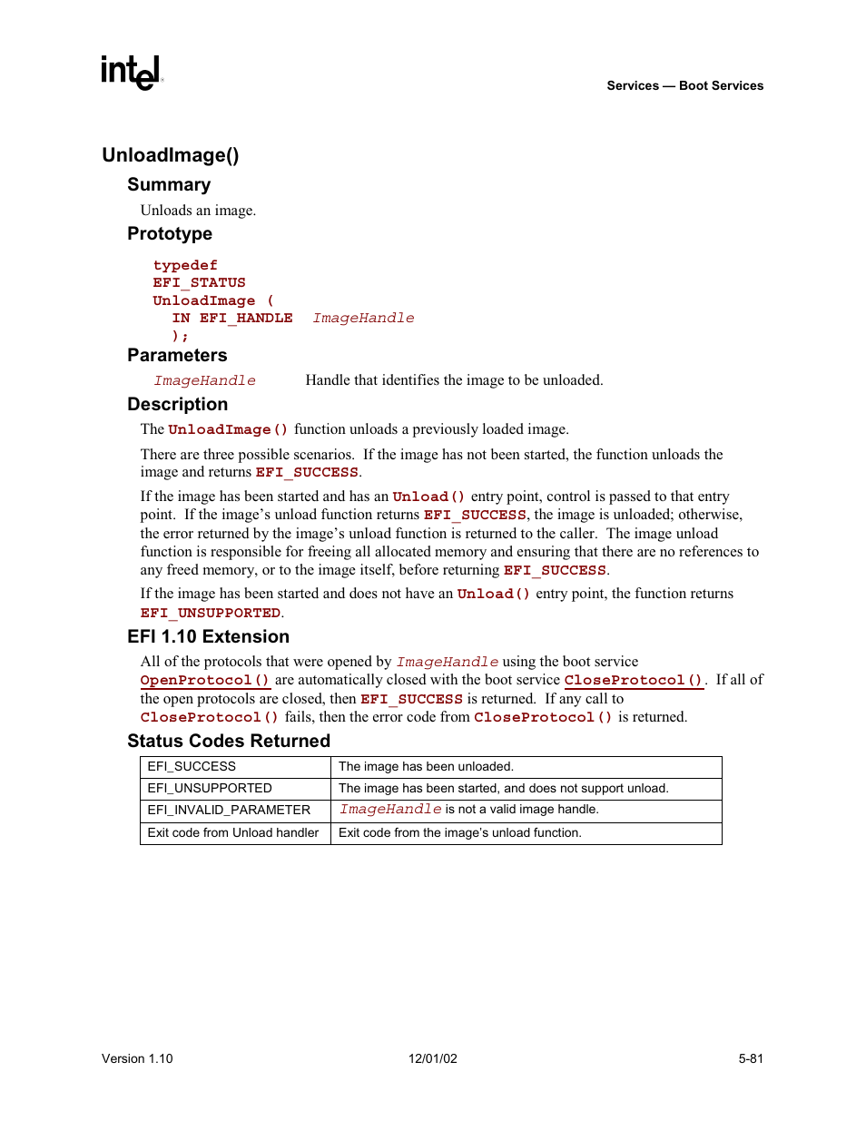 Unloadimage() | Intel Extensible Firmware Interface User Manual | Page 179 / 1084