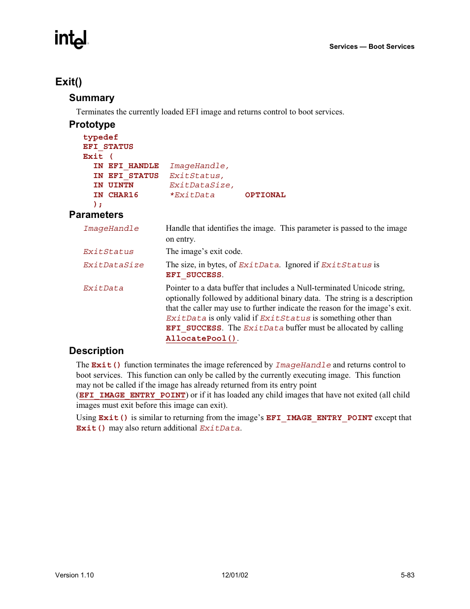 Exit(), Calls | Intel Extensible Firmware Interface User Manual | Page 181 / 1084