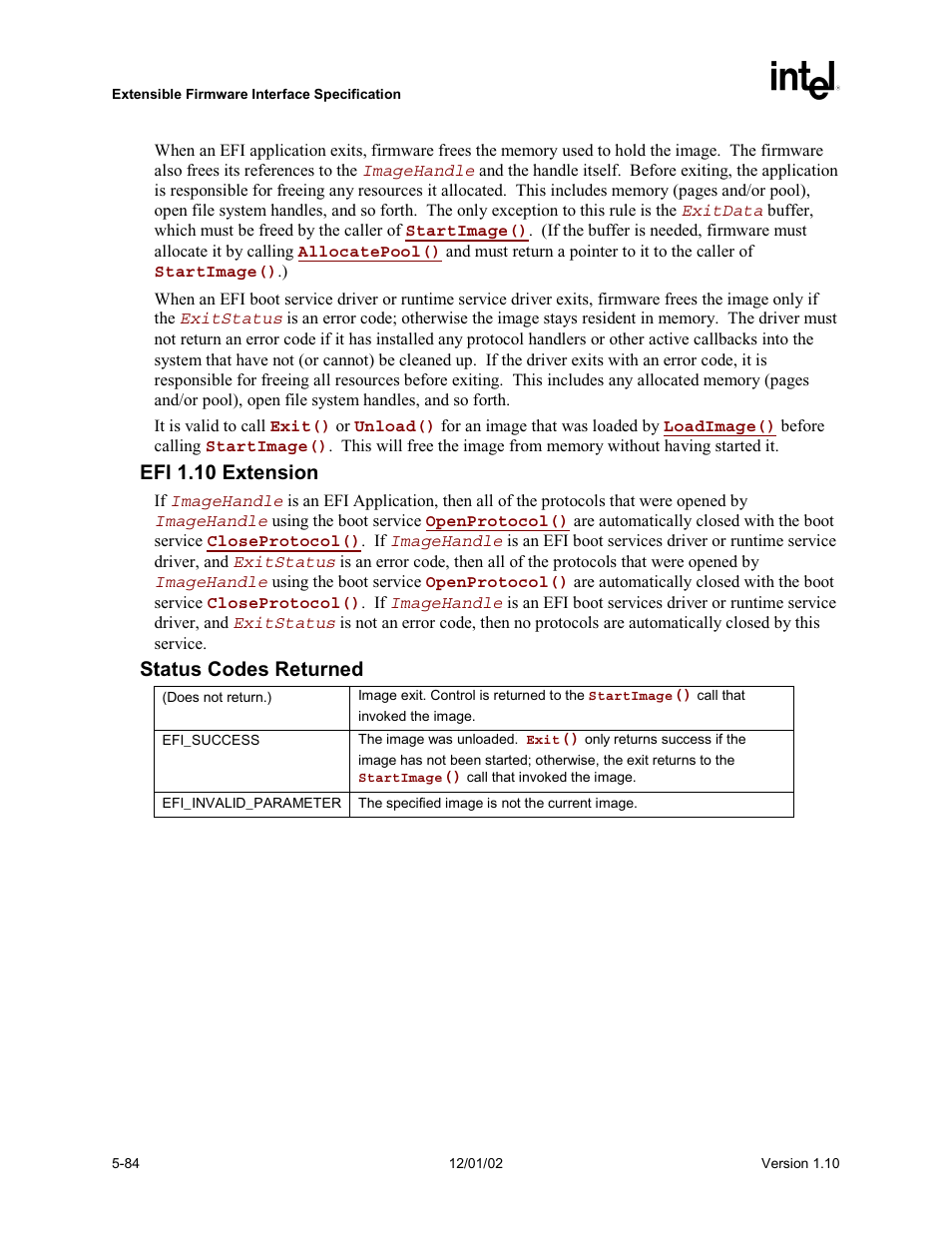 Efi 1.10 extension, Status codes returned | Intel Extensible Firmware Interface User Manual | Page 182 / 1084