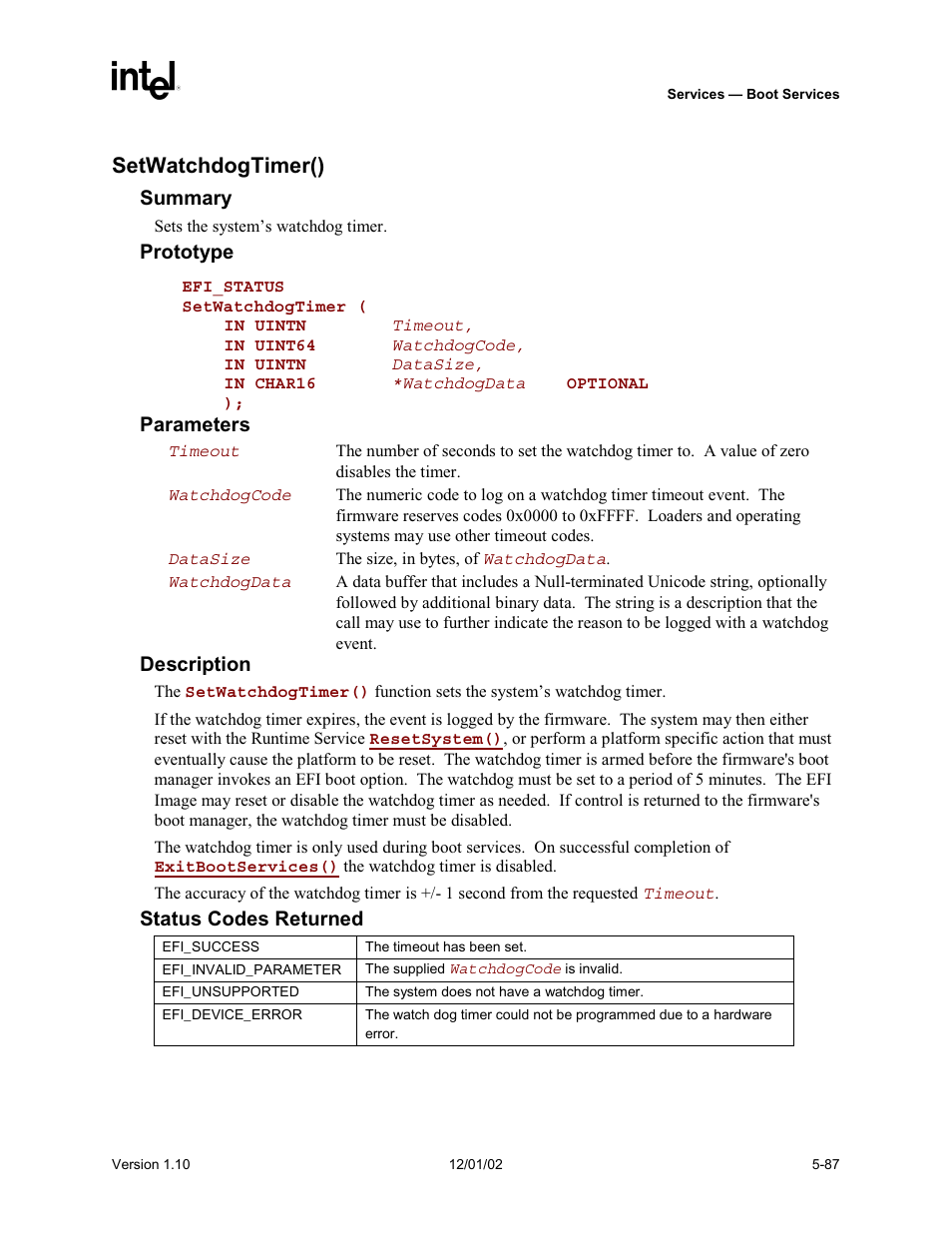 Setwatchdogtimer() | Intel Extensible Firmware Interface User Manual | Page 185 / 1084