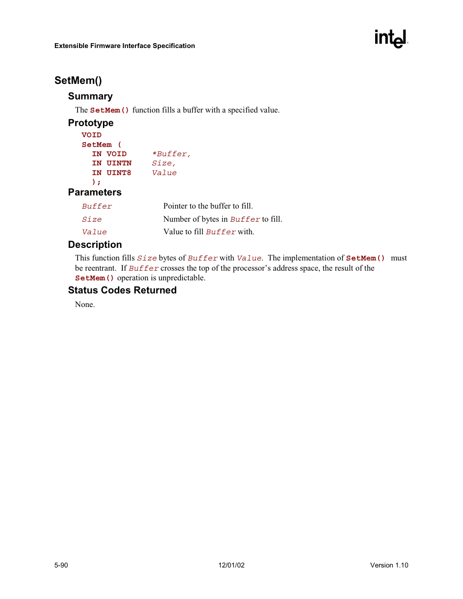 Setmem() | Intel Extensible Firmware Interface User Manual | Page 188 / 1084