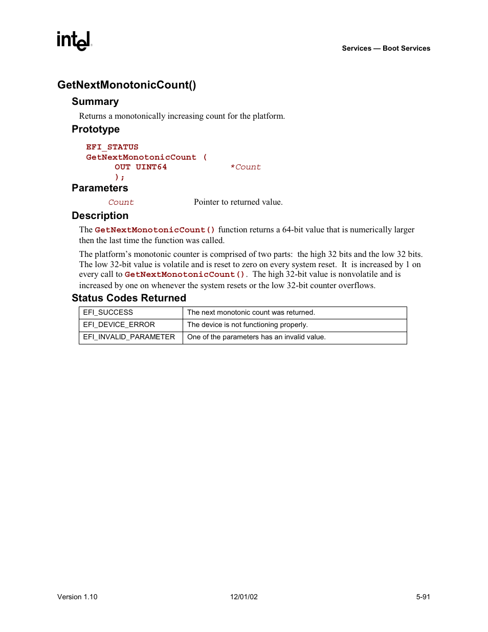 Getnextmonotoniccount() | Intel Extensible Firmware Interface User Manual | Page 189 / 1084