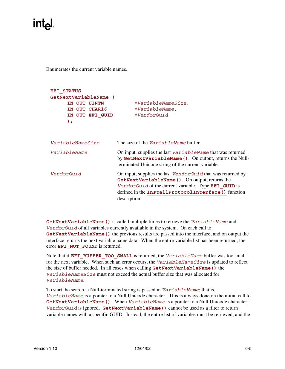 Getnextvariablename() | Intel Extensible Firmware Interface User Manual | Page 197 / 1084
