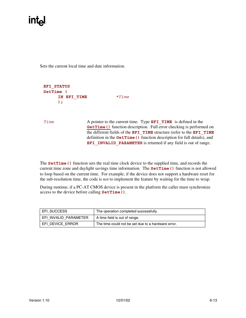 Settime() | Intel Extensible Firmware Interface User Manual | Page 205 / 1084
