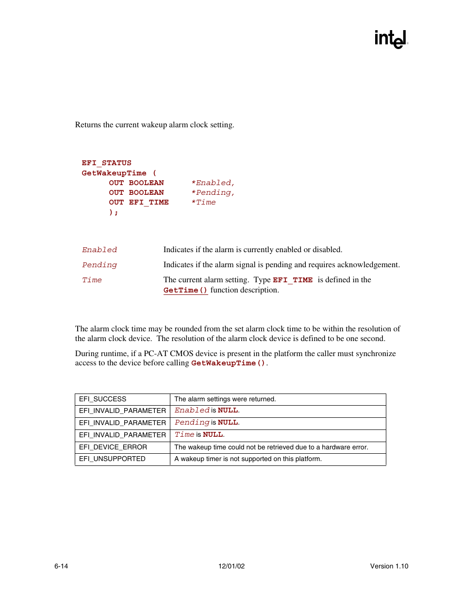 Getwakeuptime(), Getwakeuptime() summary, Prototype | Parameters, Description, Status codes returned | Intel Extensible Firmware Interface User Manual | Page 206 / 1084