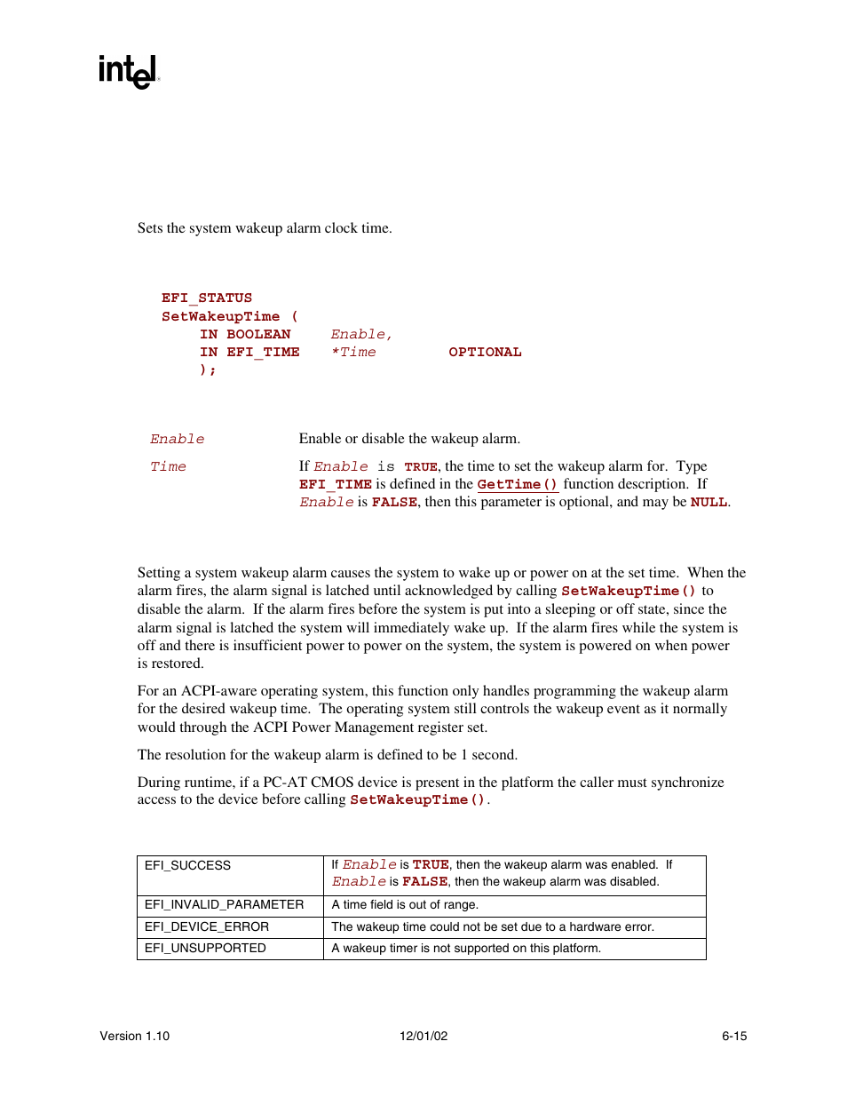 Setwakeuptime(), Setwakeuptime() summary, Prototype | Parameters, Description, Status codes returned | Intel Extensible Firmware Interface User Manual | Page 207 / 1084
