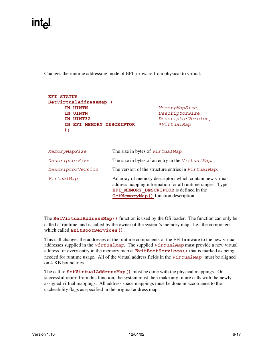 Setvirtualaddressmap() | Intel Extensible Firmware Interface User Manual | Page 209 / 1084