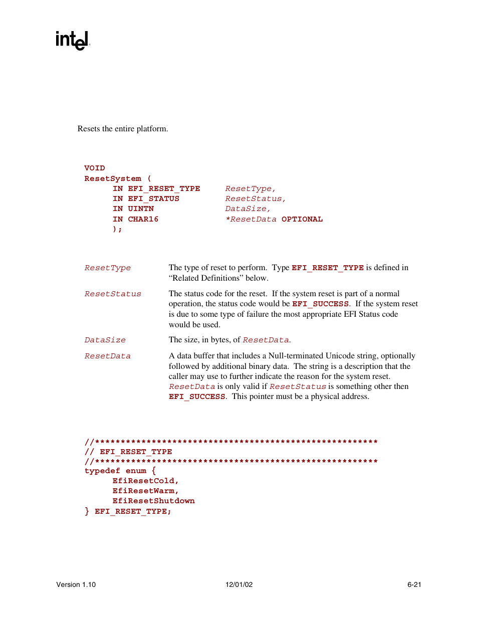 Resetsystem() | Intel Extensible Firmware Interface User Manual | Page 213 / 1084