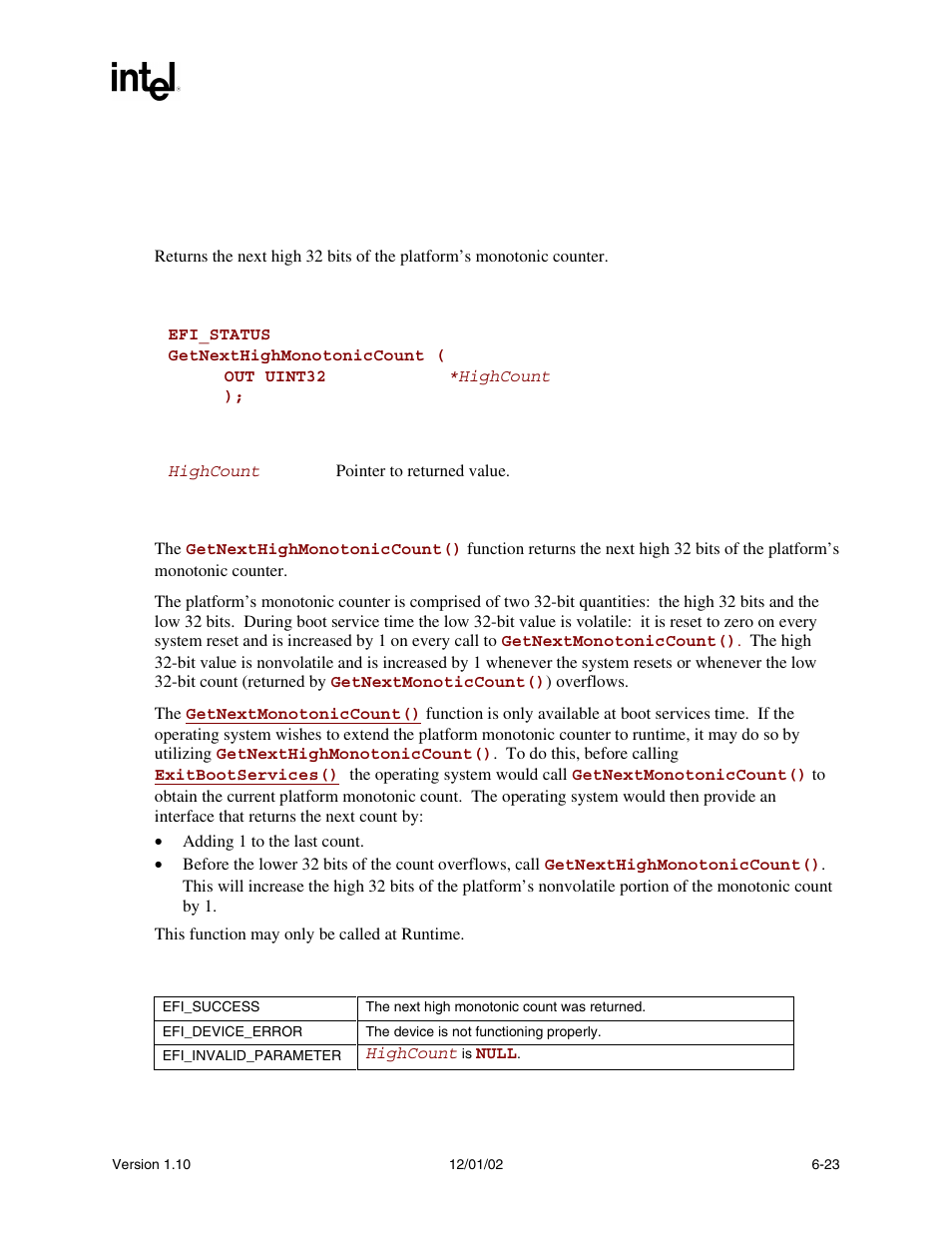 Getnexthighmonotoniccount() | Intel Extensible Firmware Interface User Manual | Page 215 / 1084
