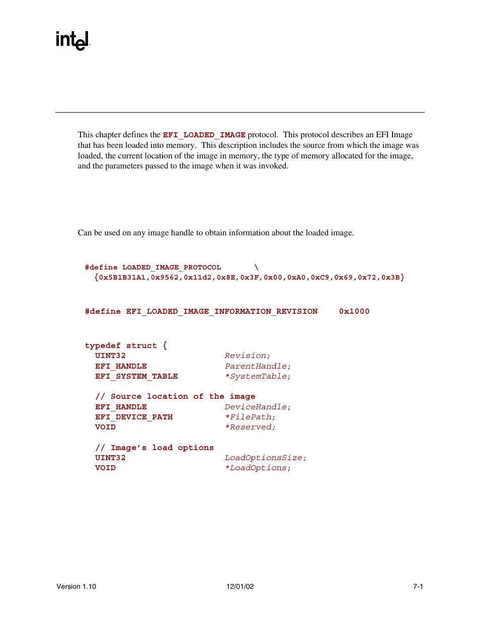 7 protocols - efi loaded image, Efi_loaded_image protocol, Loaded_image | Loaded_image protocol, T the, Efi_loaded_image, Proto, 7protocols - efi loaded image | Intel Extensible Firmware Interface User Manual | Page 217 / 1084