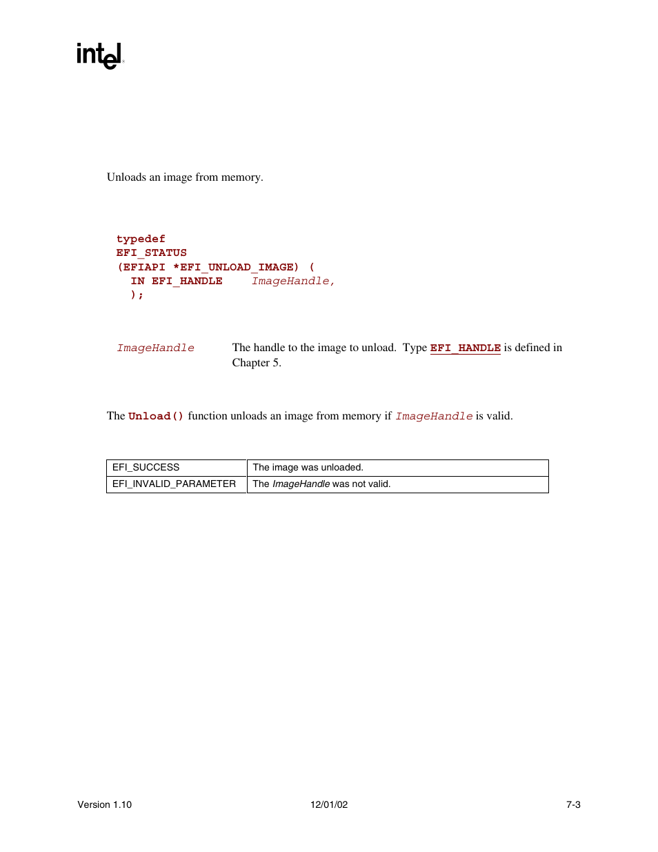 Loaded_image.unload(), Unload() | Intel Extensible Firmware Interface User Manual | Page 219 / 1084