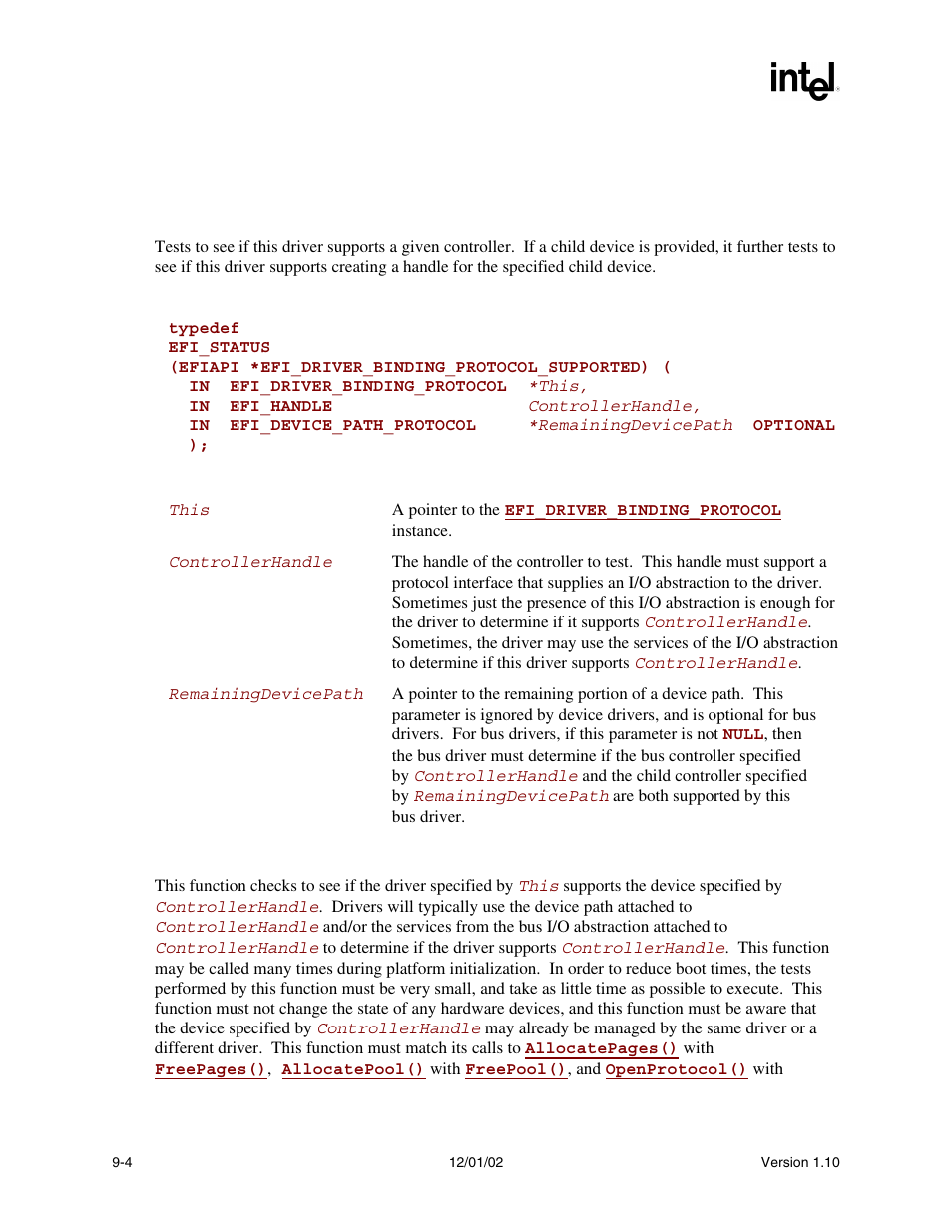 Efi_driver_binding_protocol.supported(), Supported(), Abcsupported() | Intel Extensible Firmware Interface User Manual | Page 246 / 1084