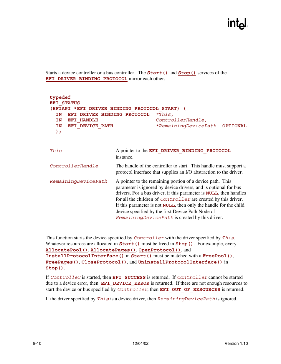 Efi_driver_binding_protocol.start(), Start(), Abcstart() | And c, Func | Intel Extensible Firmware Interface User Manual | Page 252 / 1084