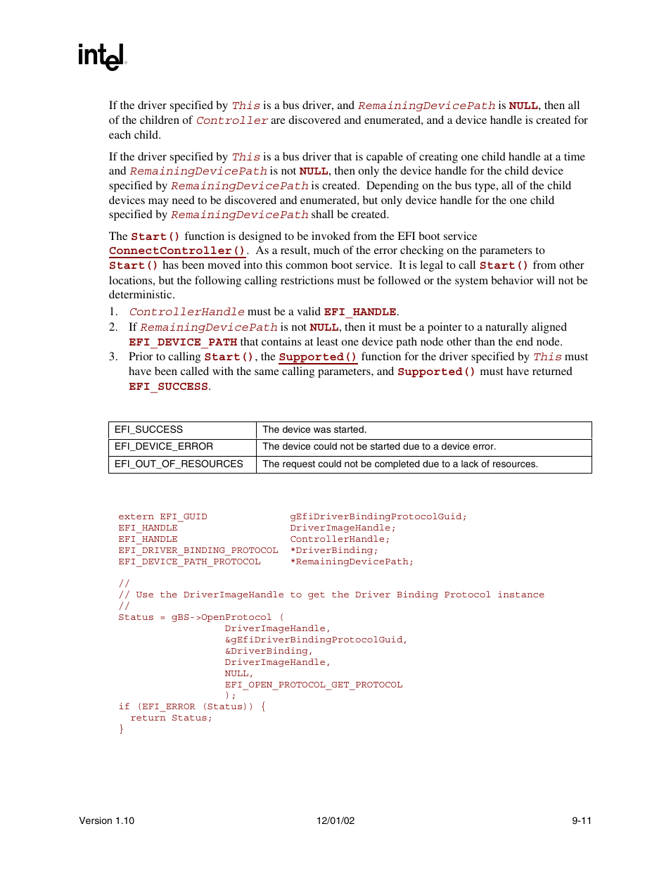 Status codes returned, Examples | Intel Extensible Firmware Interface User Manual | Page 253 / 1084