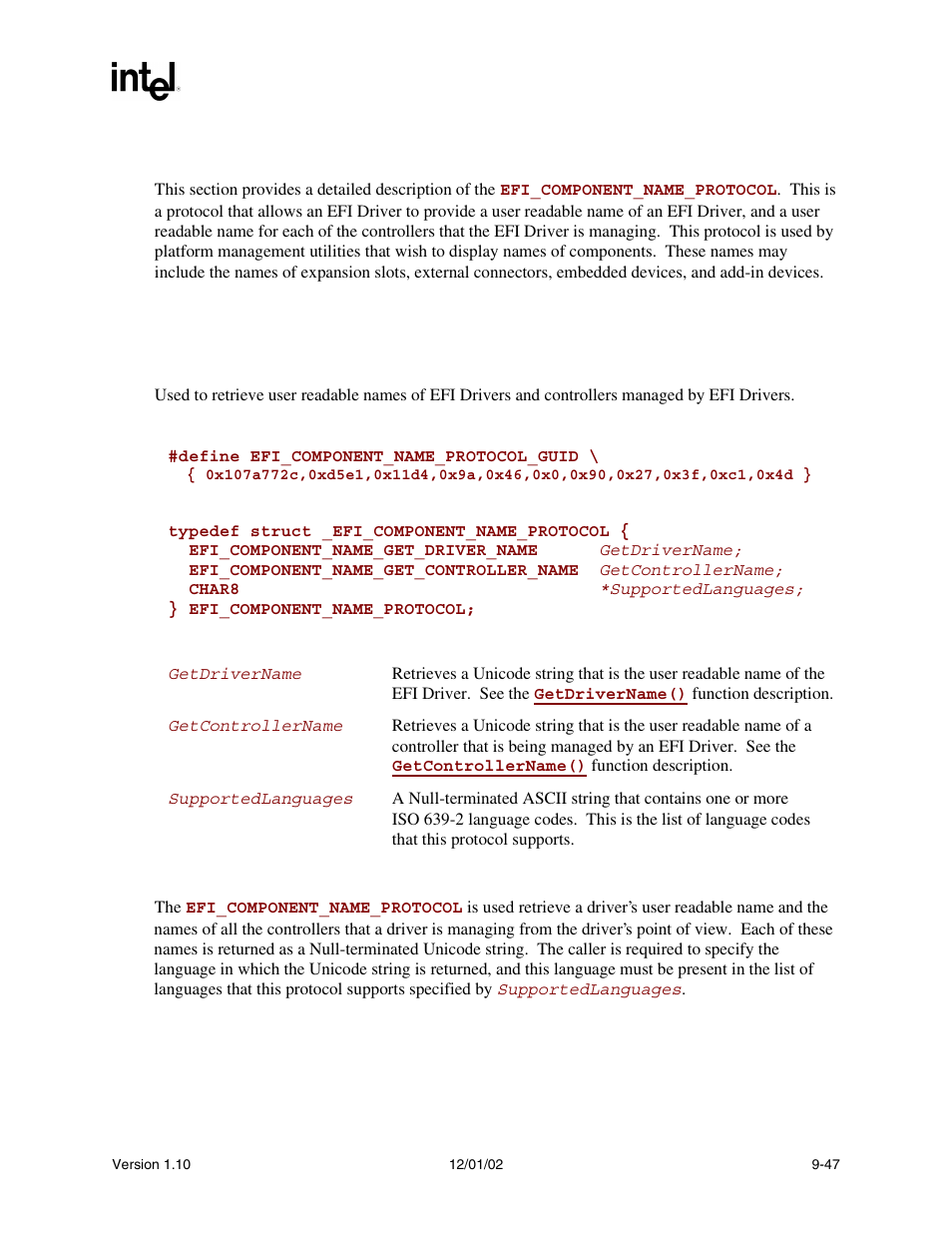 6 efi component name protocol, Efi_component_name_protocol, Component_name | Component name protocol | Intel Extensible Firmware Interface User Manual | Page 289 / 1084