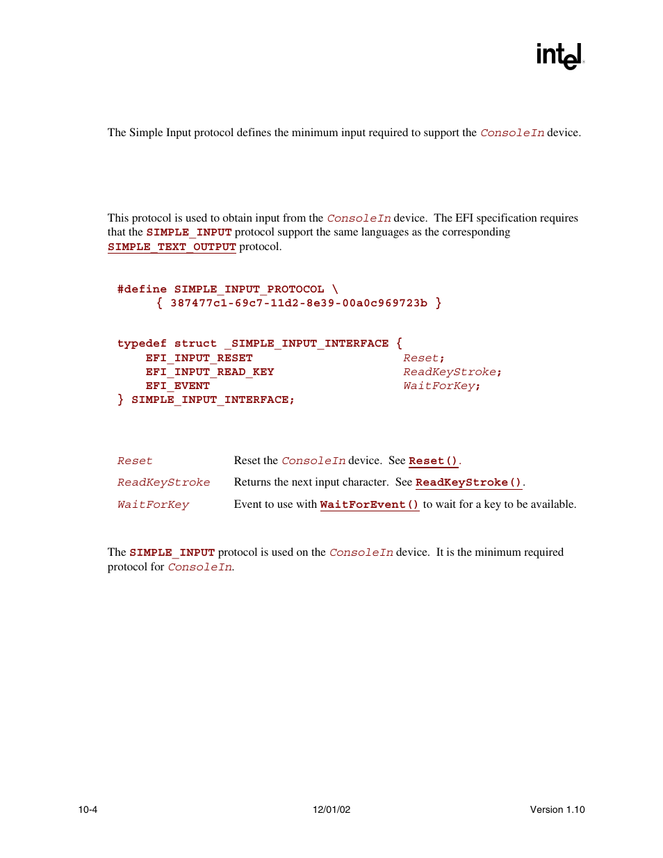 2 simple input protocol, Simple_input, Simple input protocol | T the, Simple_input_protocol | Intel Extensible Firmware Interface User Manual | Page 298 / 1084