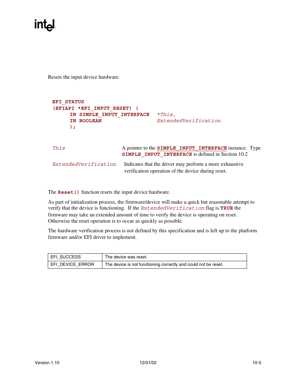 Simple_input.reset() | Intel Extensible Firmware Interface User Manual | Page 299 / 1084