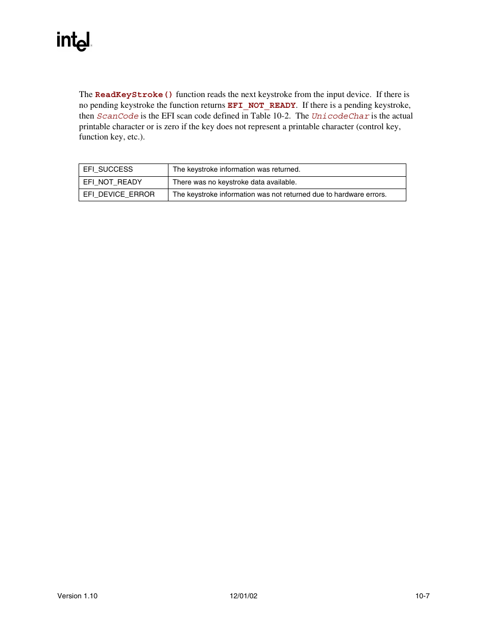 Description, Status codes returned | Intel Extensible Firmware Interface User Manual | Page 301 / 1084