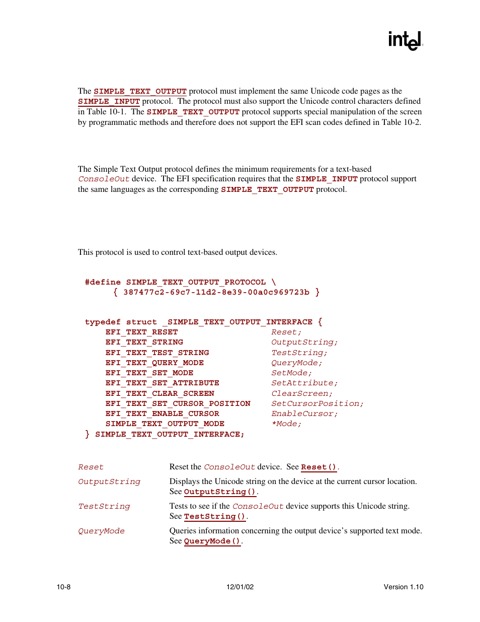 1 consoleout or standarderror, 3 simple text output protocol, Simple_text_output protocol | Simple_text_output, Simple text output, Protocol, Simple text output protocol, Simple_text_output_protocol, Simple_text_ouput_protocol, Prot | Intel Extensible Firmware Interface User Manual | Page 302 / 1084