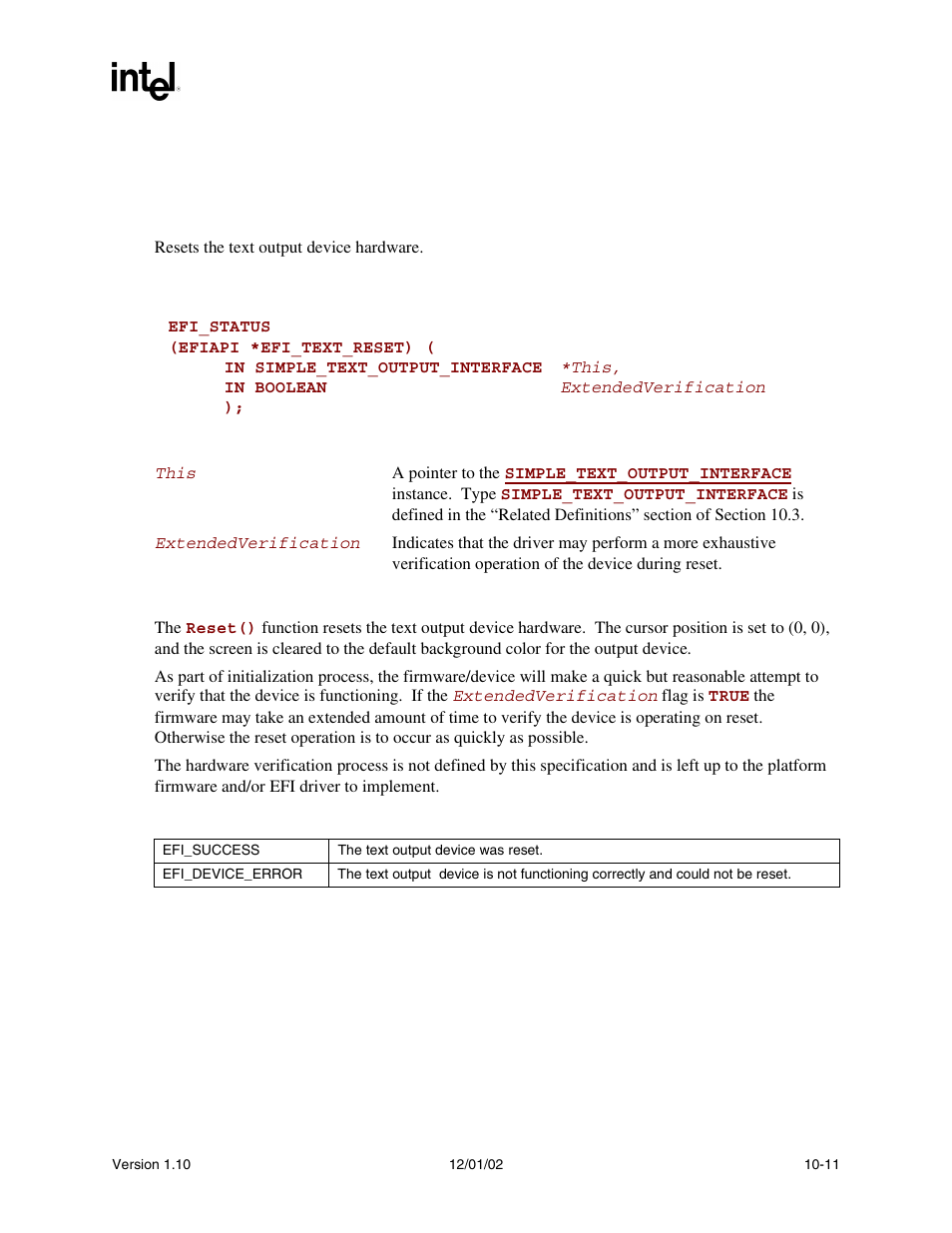 Simple_text_output.reset() | Intel Extensible Firmware Interface User Manual | Page 305 / 1084