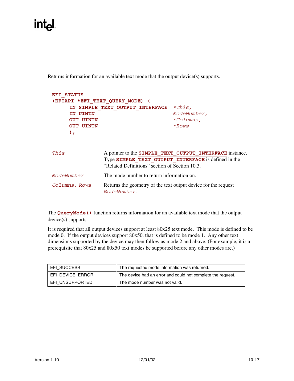 Simple_text_output.querymode() | Intel Extensible Firmware Interface User Manual | Page 311 / 1084