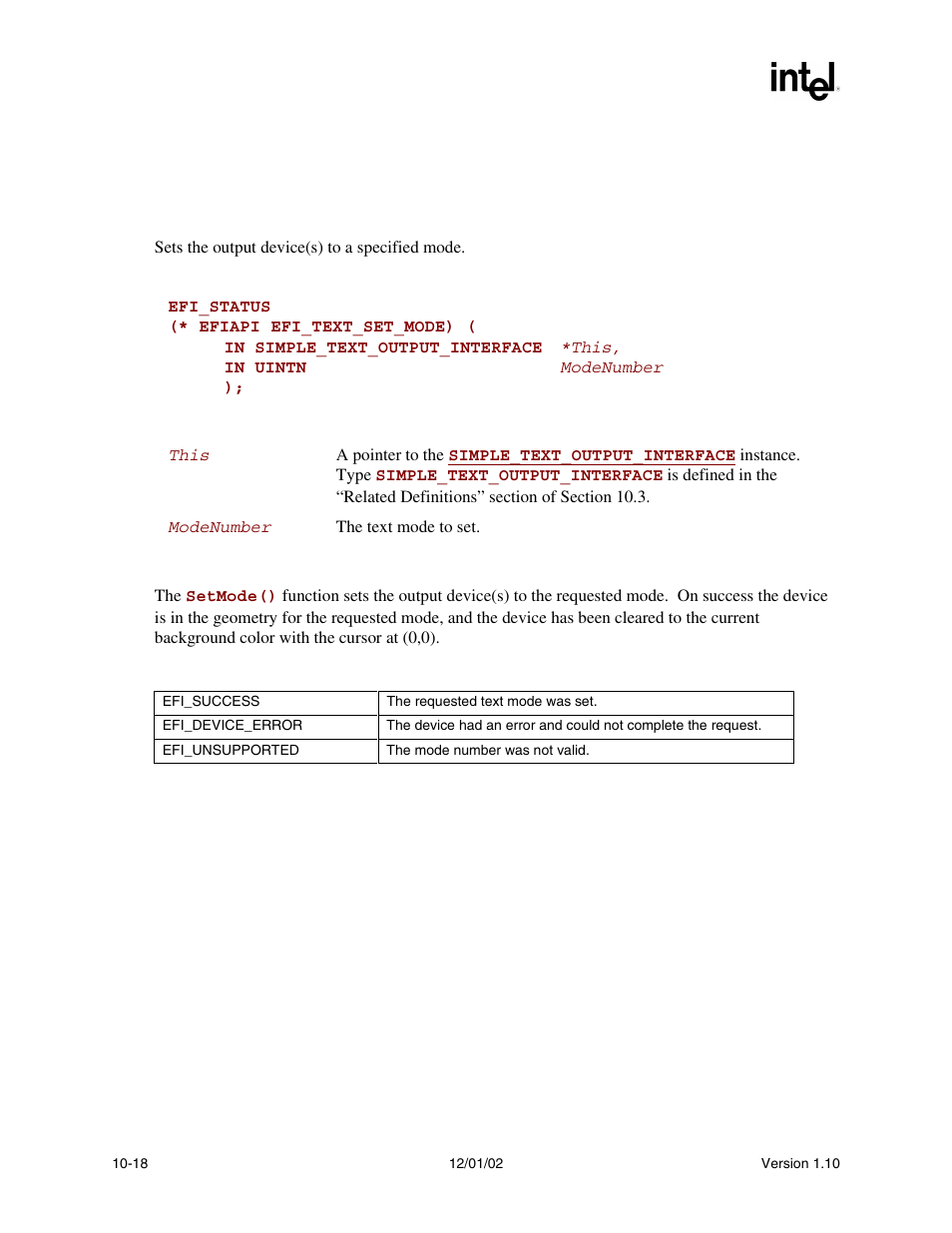 Simple_text_output.setmode(), Setmode() | Intel Extensible Firmware Interface User Manual | Page 312 / 1084