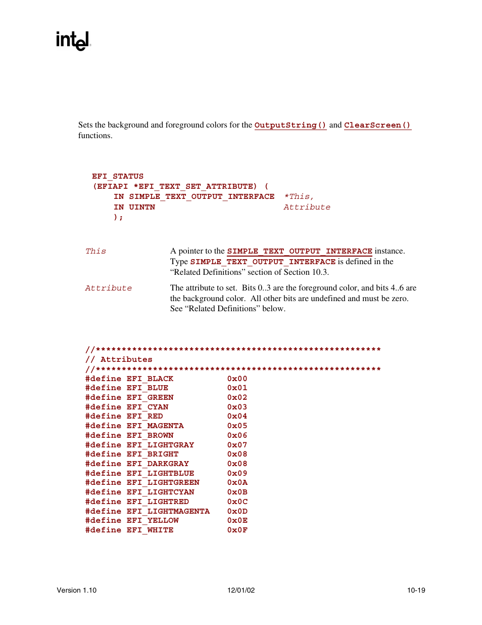 Simple_text_output.setattribute(), Setattribute() | Intel Extensible Firmware Interface User Manual | Page 313 / 1084