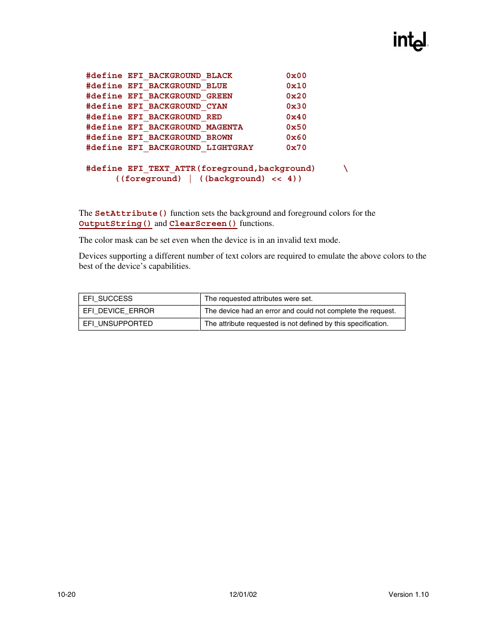 Description, Status codes returned | Intel Extensible Firmware Interface User Manual | Page 314 / 1084