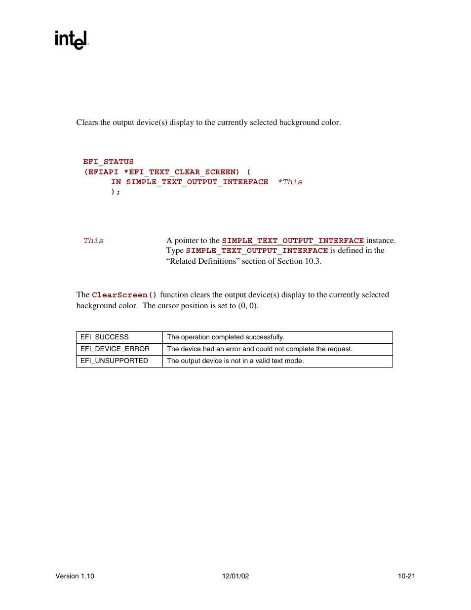 Simple_text_output.clearscreen(), Clearscreen(), Func | Intel Extensible Firmware Interface User Manual | Page 315 / 1084