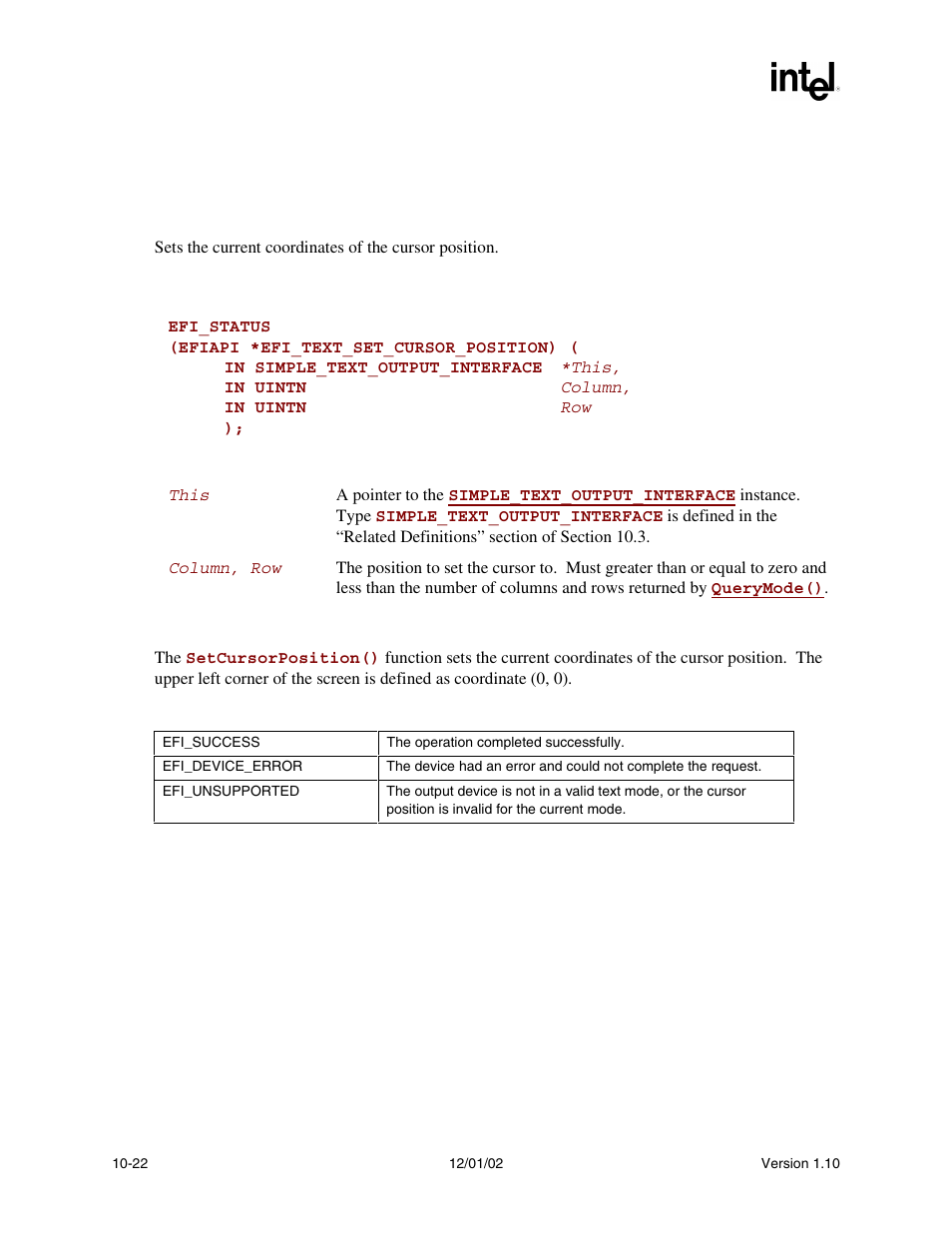 Simple_text_output.setcursorposition(), Setcursorposition(), Func | Intel Extensible Firmware Interface User Manual | Page 316 / 1084