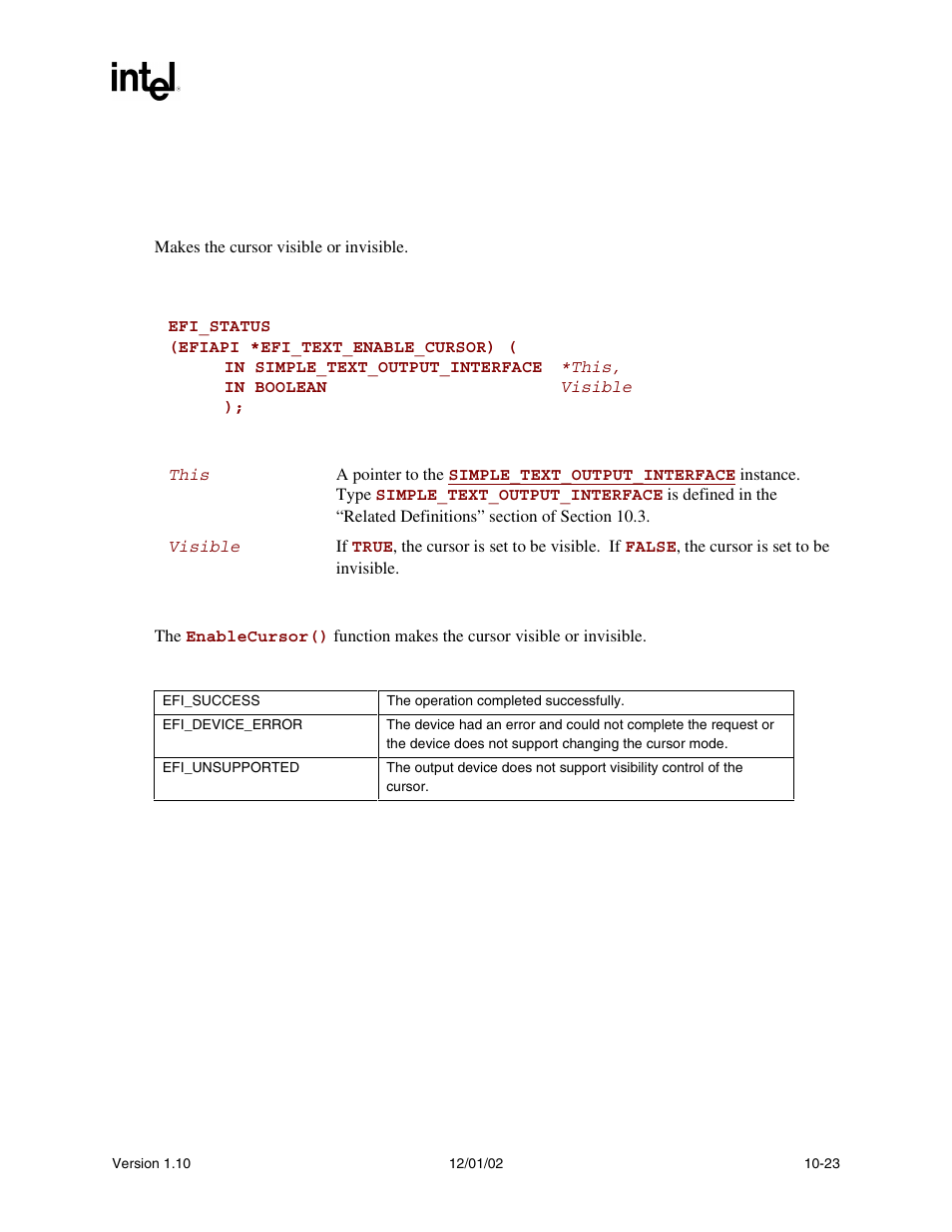 Simple_text_output.enablecursor(), Enablecursor() | Intel Extensible Firmware Interface User Manual | Page 317 / 1084