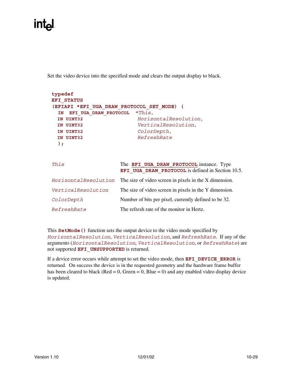 Efi_uga_draw_protocol.setmode() | Intel Extensible Firmware Interface User Manual | Page 323 / 1084