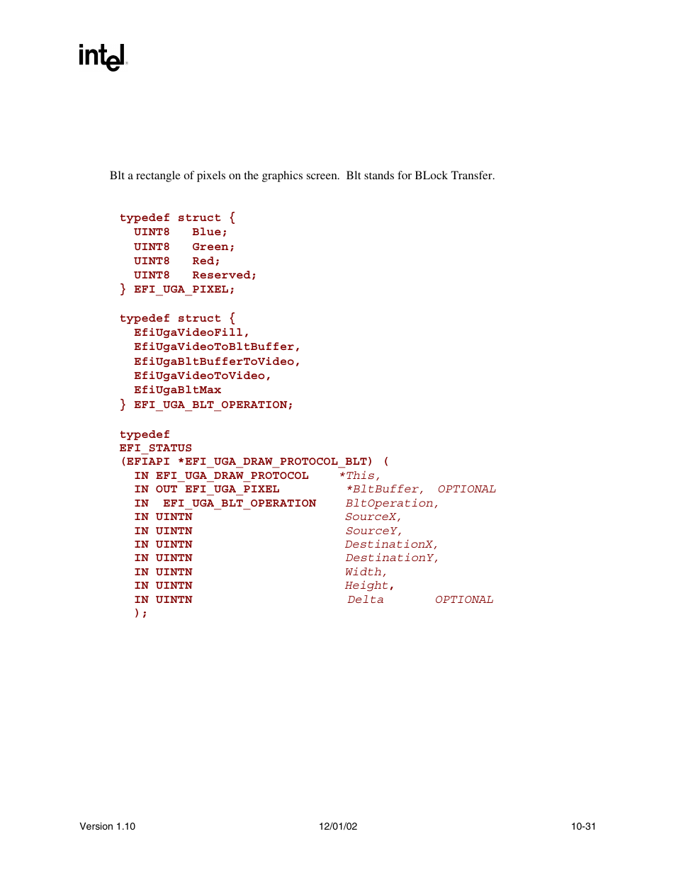 Efi_uga_draw_protocol.blt() | Intel Extensible Firmware Interface User Manual | Page 325 / 1084