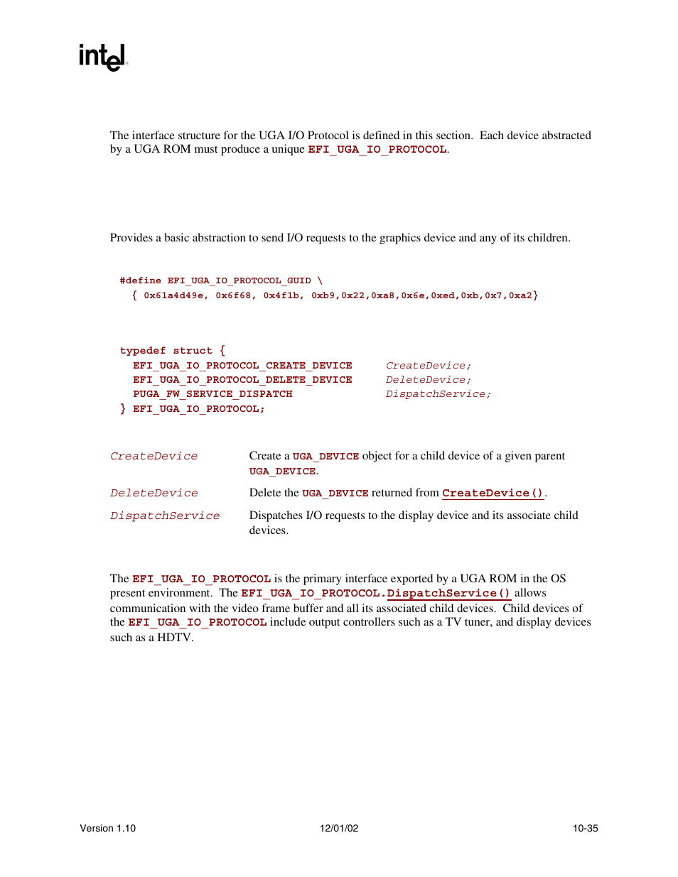 7 uga i/o protocol, Efi_uga_io_protocol, I/oprotocol | Uga i/oprotocol, Prov, Suppor, Summary, Guid, Protocol interface structure, Parameters | Intel Extensible Firmware Interface User Manual | Page 329 / 1084