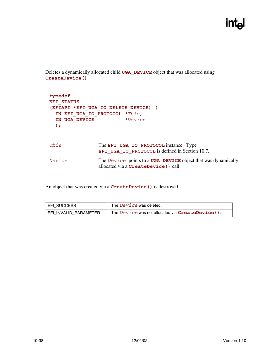 Efi_uga_io_protocol.deletedevice() | Intel Extensible Firmware Interface User Manual | Page 332 / 1084