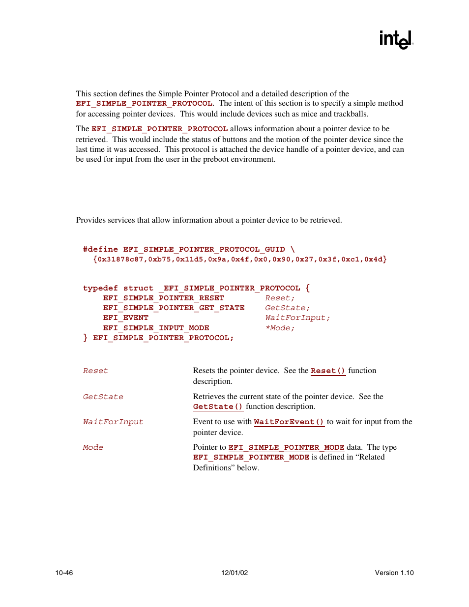 10 simple pointer protocol, Efi_simple_pointer_protocol, Simple_pointer | Simple pointer, Protocol, Simple pointer protocol | Intel Extensible Firmware Interface User Manual | Page 340 / 1084