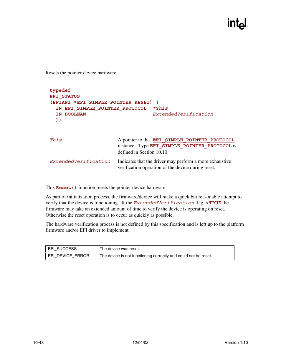 Efi_simple_pointer.reset(), Reset() | Intel Extensible Firmware Interface User Manual | Page 342 / 1084