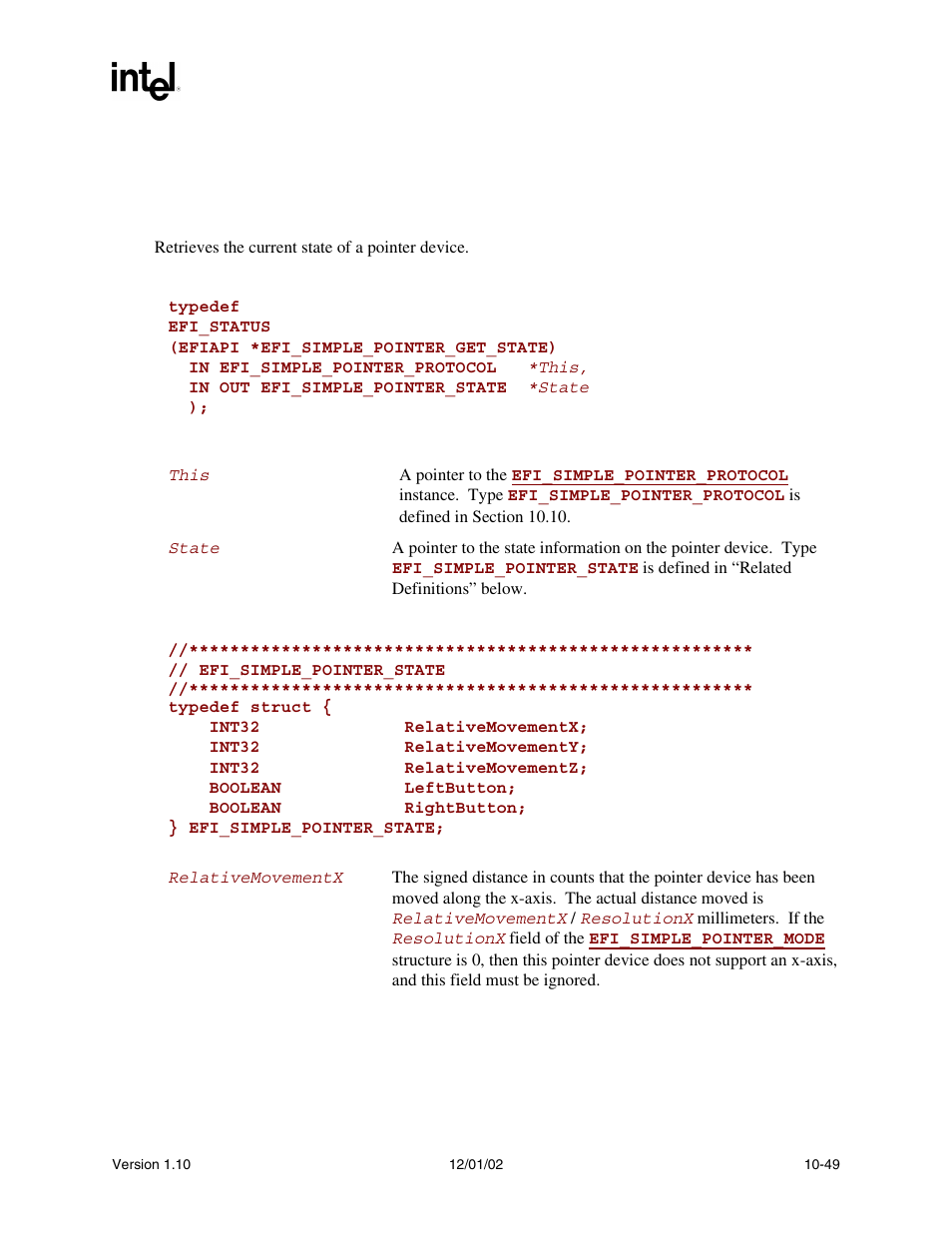 Efi_simple_pointer.getstate(), Getstate(), Func | Intel Extensible Firmware Interface User Manual | Page 343 / 1084